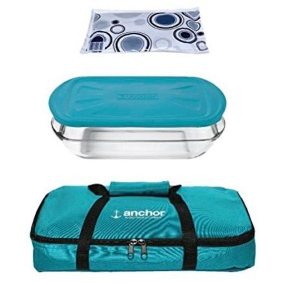 NWT Anchor Hocking 3Qt Essentials Bakentake Tote, medium Teal Blue & Clear